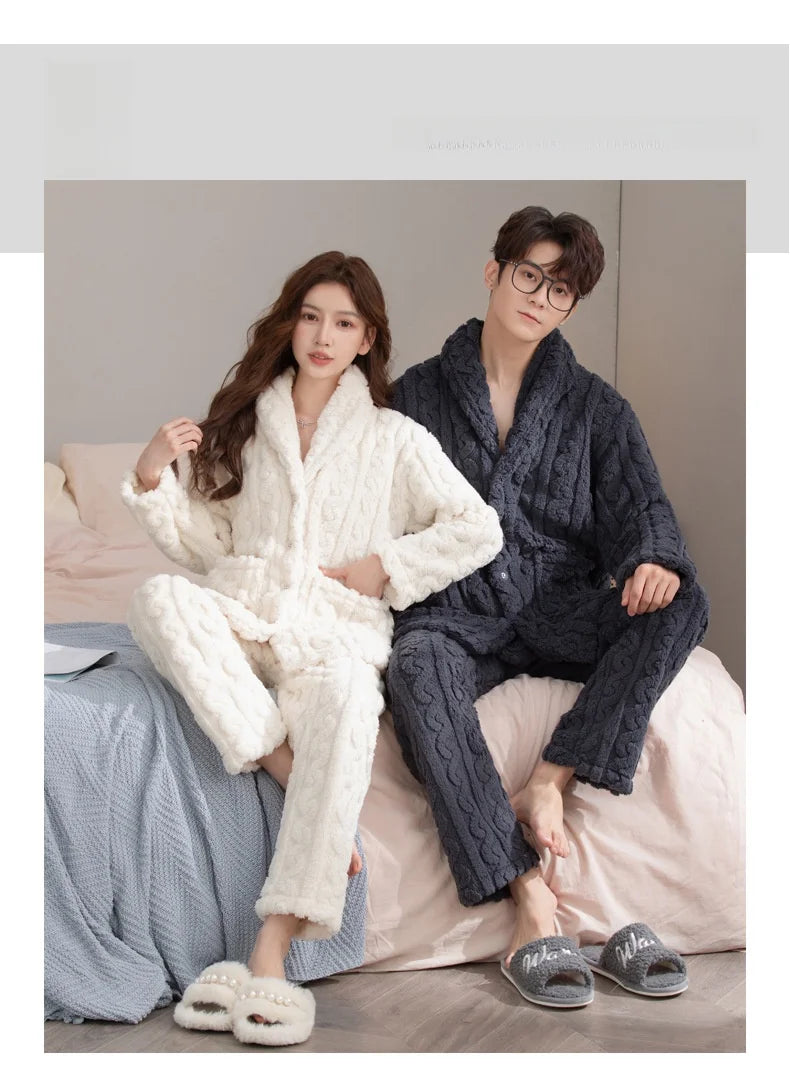 Thickened Coral Fleece Flannel Pajamas Set for Men And Women Home Clothes Comfortable Long Sleeve Sleepwear Winter Autumn