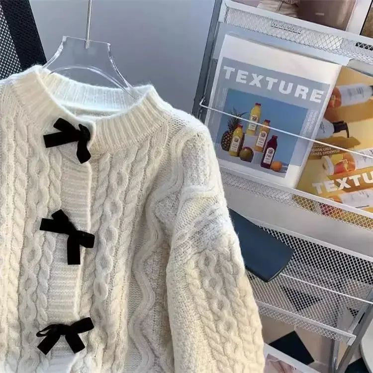 Women's Spring Autumn Butterfly Knot Sweater Coat Soft Tassel Twist Outerwear Cardigan round Neck Full Sleeve Retro Japanese Laz