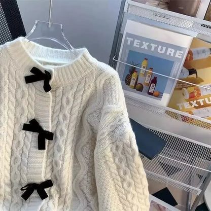 Women's Spring Autumn Butterfly Knot Sweater Coat Soft Tassel Twist Outerwear Cardigan round Neck Full Sleeve Retro Japanese Laz