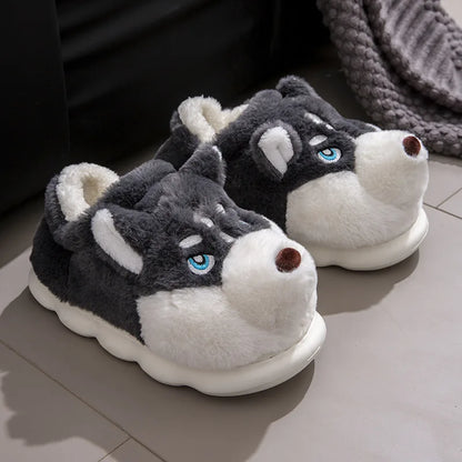 Women Indoor Cotton Slippers Cute Cartoon Dog Winter Warm Shoes Couples Home Floor Slides Anti-slip  Female Male House Footwear