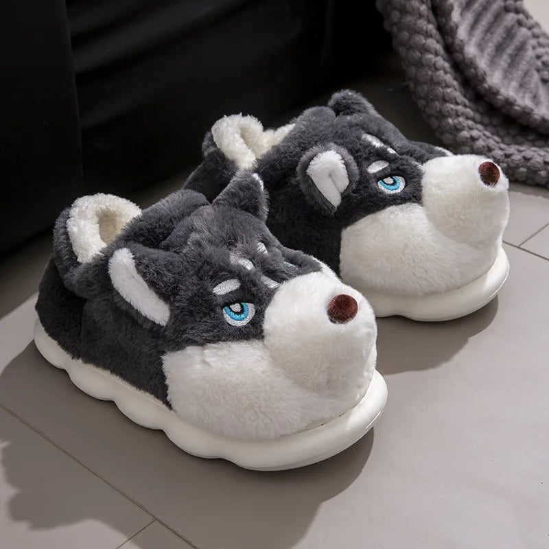 Women Indoor Cotton Slippers Cute Cartoon Dog Winter Warm Shoes Couples Home Floor Slides Anti-slip  Female Male House Footwear