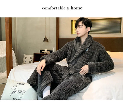Turn-down V-neck Robes for Men 2025 New Winter Warm Flannel Robes Solid Soft Thick Fleece Sleepwear Male Casual Loose Home Wear