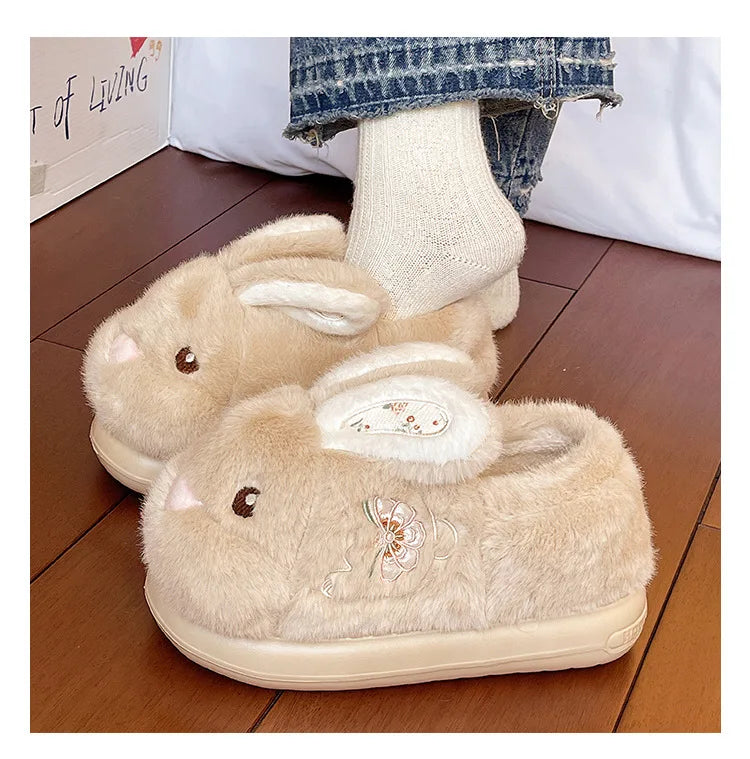 Cute Rabbit Embroidery Cotton Slippers Women's Winter New Style Indoor Home Anti-slip Warm Plush Wrapped Heel Cotton Shoes Ou...