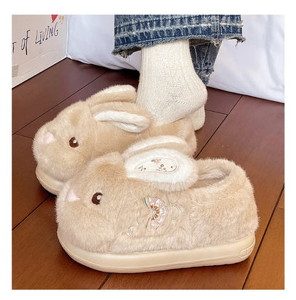 Cute Rabbit Embroidery Cotton Slippers Women's Winter New Style Indoor Home Anti-slip Warm Plush Wrapped Heel Cotton Shoes Ou...