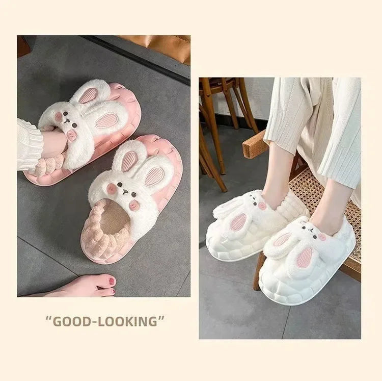 Women's Home Slippers Rabbit Fur Cotton Warm Anti-Slip Winter Outdoor Wearable Sweet Style Soft Cotton Lined House Shoes