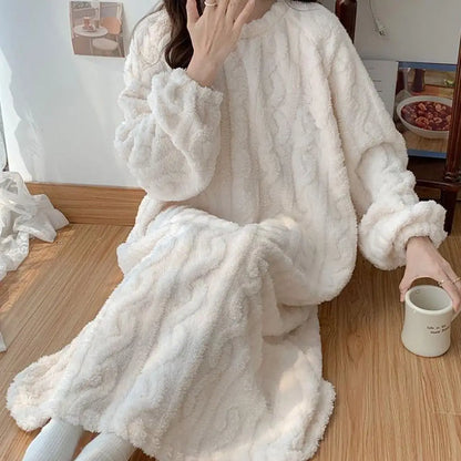 Winter Long Sleeve Flannel Nightgowns Women Loose Double Pocket Solid Sleepwear Jacquard Night Dress Thickened Warm Nightdress