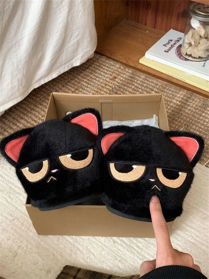 Winter black unhappy kitty slippers women men indoor home slides shoes ladies fun fuzzy kitten slipper cat lovers indoor shoes