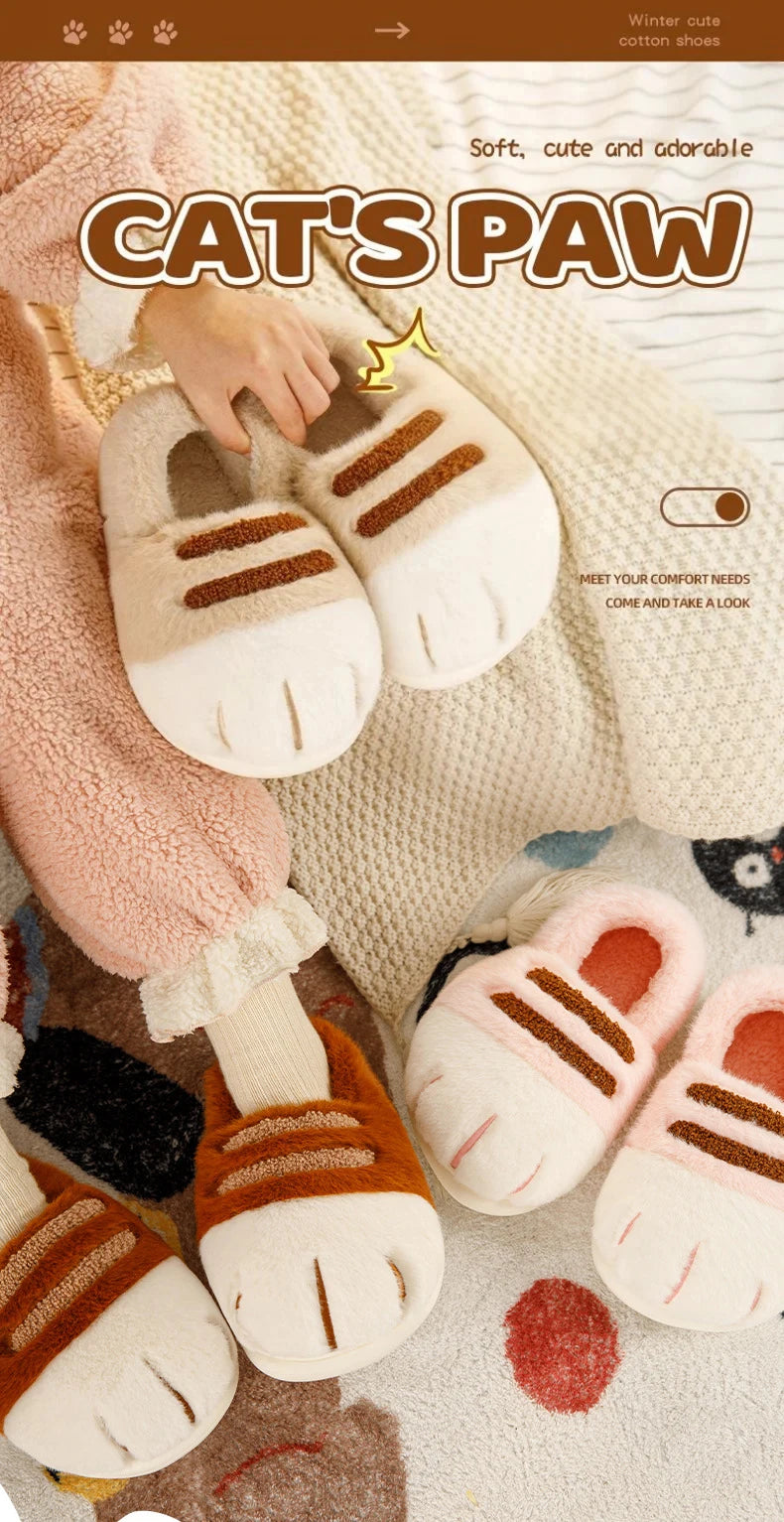 Winter Couple Cat Paw Slippers, Plush Fleece Lined Thick Thermal Home Shoes, Non-Slip Indoor/Outdoor Unisex Anti-Cold House Slid