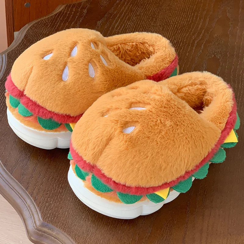 Hamburger cotton slippers for women in winter, new home bag and warm plush couple cotton shoes for women