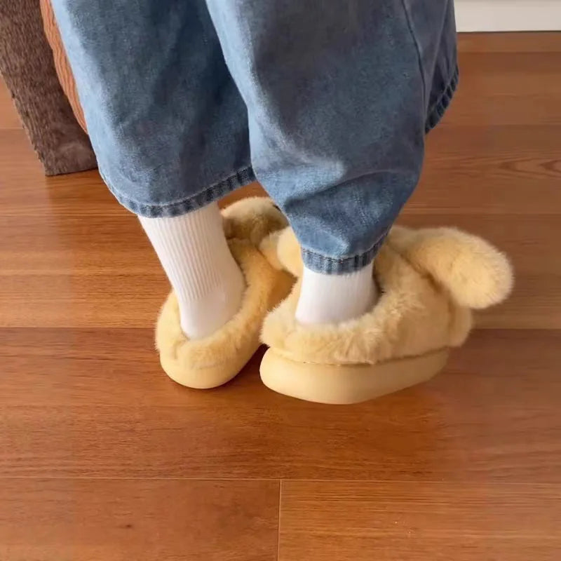 White fluffy dog slippers home cute animal girls flip flops woman home use floor mules warm winter plush puppy shoes