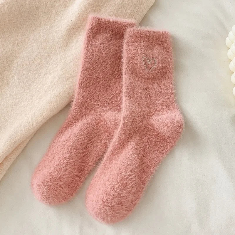 Thickened Middle Tube Socks Mink Fur Pink Embroidered Heart-shaped Women Autumn Winter Warm Sleep Home Solid Color Plush Sock