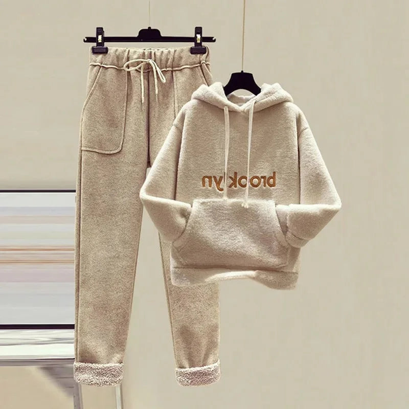 Thickened Lamb Velvet Set Women's Autumn Winter New Embroidery Sweatshirt Women's + Wool Wide Leg Pants Women Two Piece Set