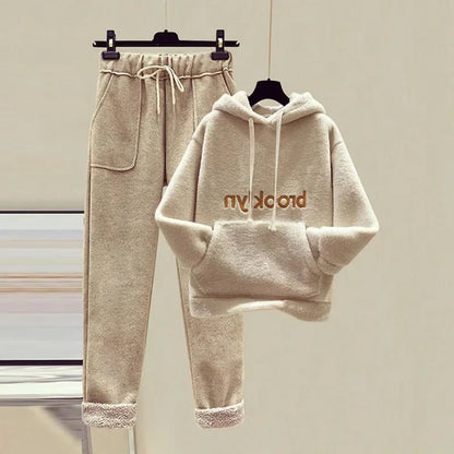 Thickened Lamb Velvet Set Women's Autumn Winter New Embroidery Sweatshirt Women's + Wool Wide Leg Pants Women Two Piece Set