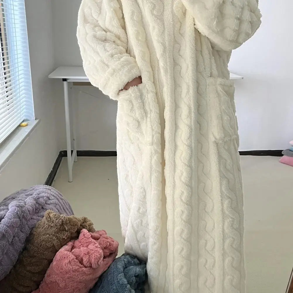 Winter Long Sleeve Flannel Nightgowns Women Loose Double Pocket Solid Sleepwear Jacquard Night Dress Thickened Warm Nightdress