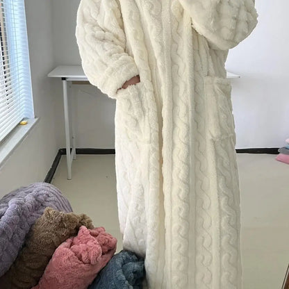 Winter Long Sleeve Flannel Nightgowns Women Loose Double Pocket Solid Sleepwear Jacquard Night Dress Thickened Warm Nightdress