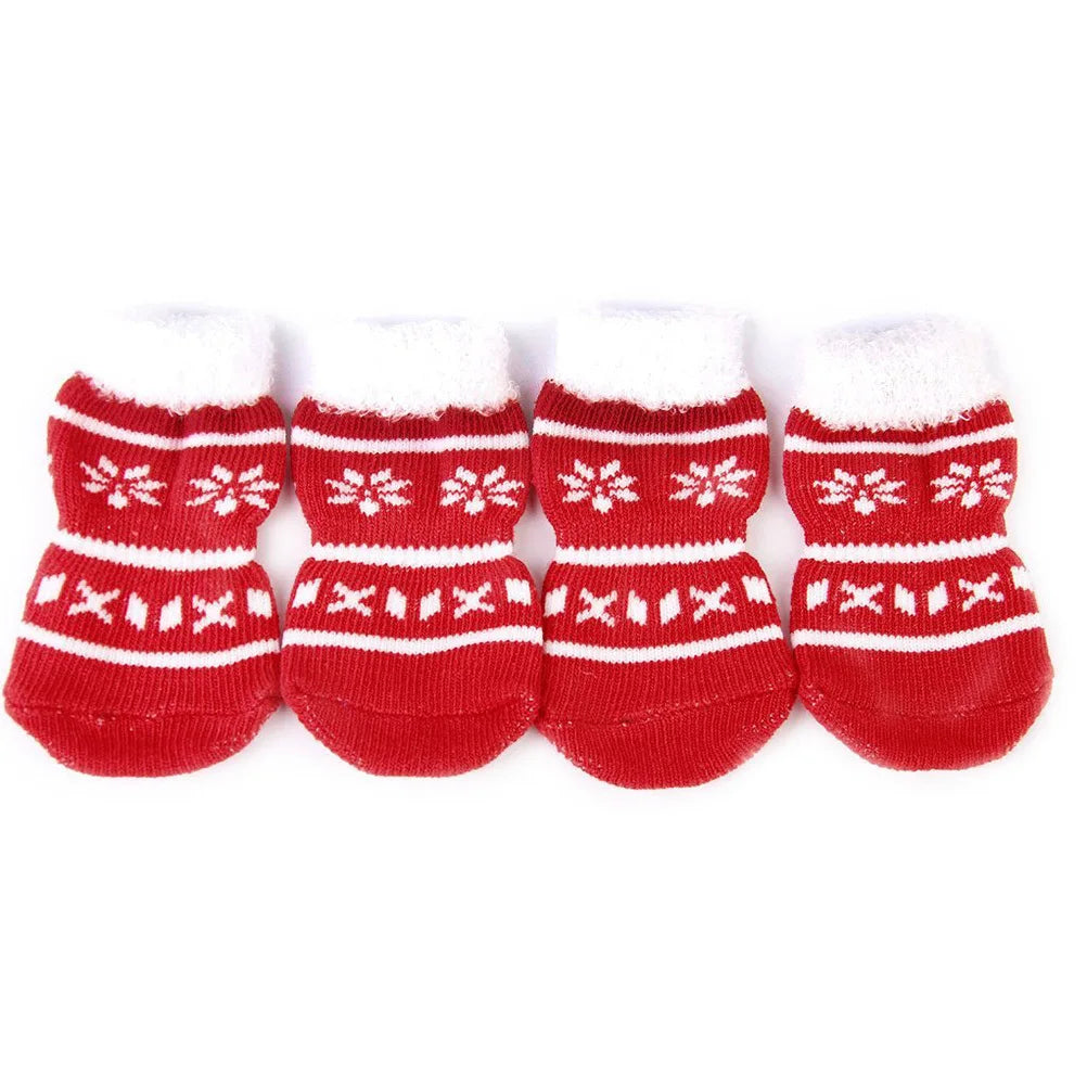 4pcs Pet Cotton Socks M Size Red White Anti-Slip Rubber Sole Winter Warmth For Dogs Cats Christmas Style Doggie Socks