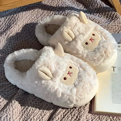 Winter Cartoon Plush Slippers Warm Fluffy Faux Fur Sheep Design Indoor Home Couple Cotton Slippers for Men And Women