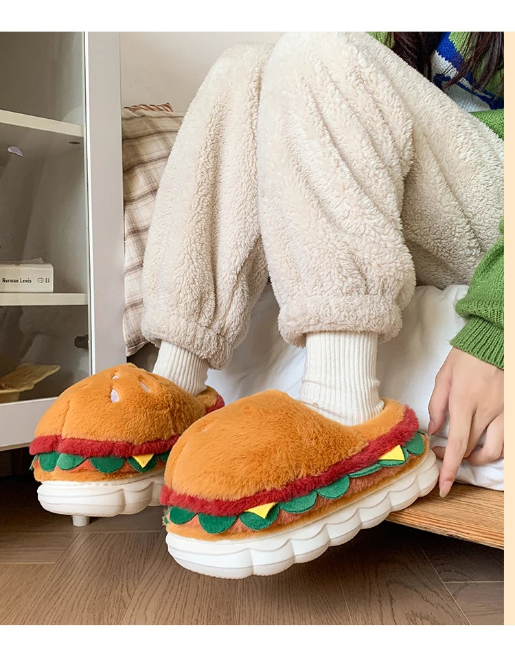 Hamburger cotton slippers for women in winter, new home bag and warm plush couple cotton shoes for women