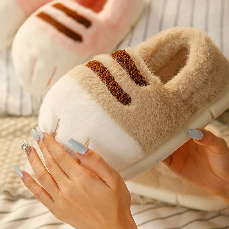 Winter Couple Cat Paw Slippers, Plush Fleece Lined Thick Thermal Home Shoes, Non-Slip Indoor/Outdoor Unisex Anti-Cold House Slid