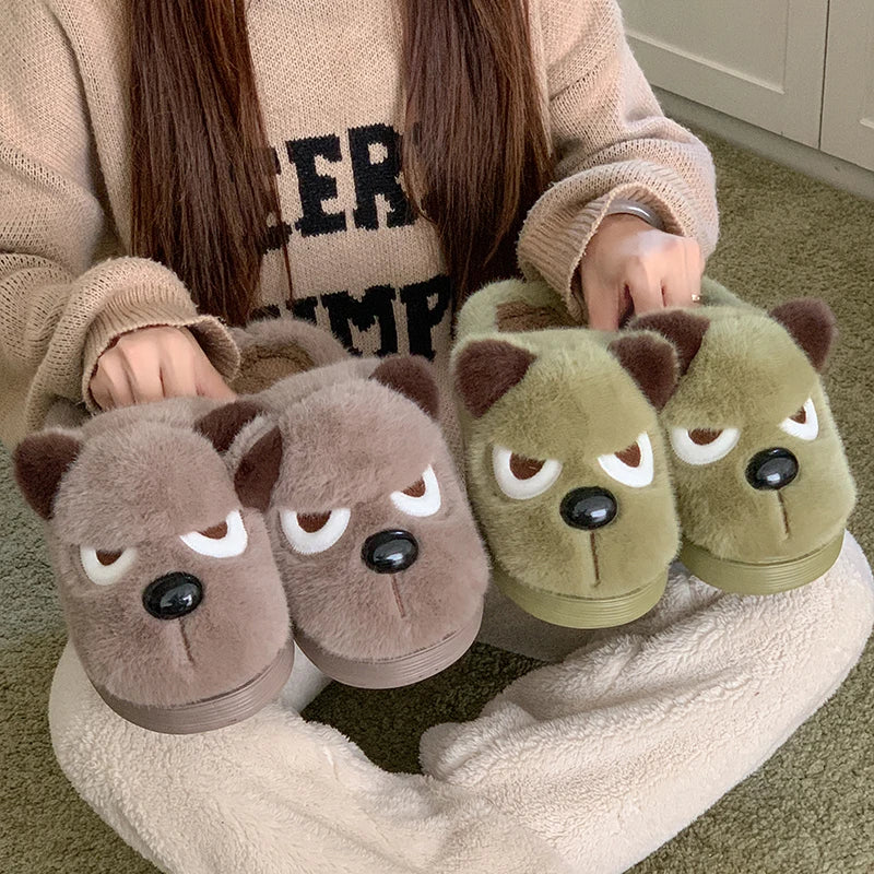 Husky Dog Faux Fur Couple Winter Slippers Chunky Platform Non Slip House Shoes Woman Comfort Fluffy Plush Outdoor Slippers Women