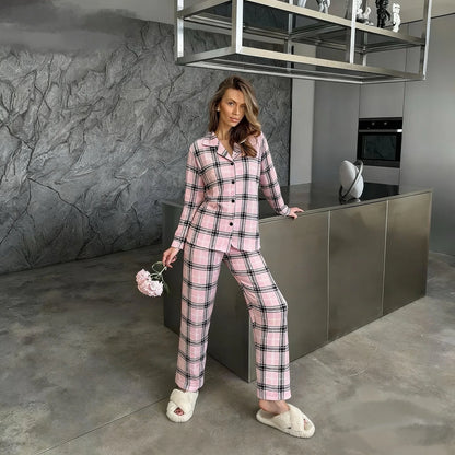 Casual Plaid Pajamas For Women Two Pieces Sleepwear Women's Pajama Trousers Loungewear Sets Nightwear Female Home Suit Clothes