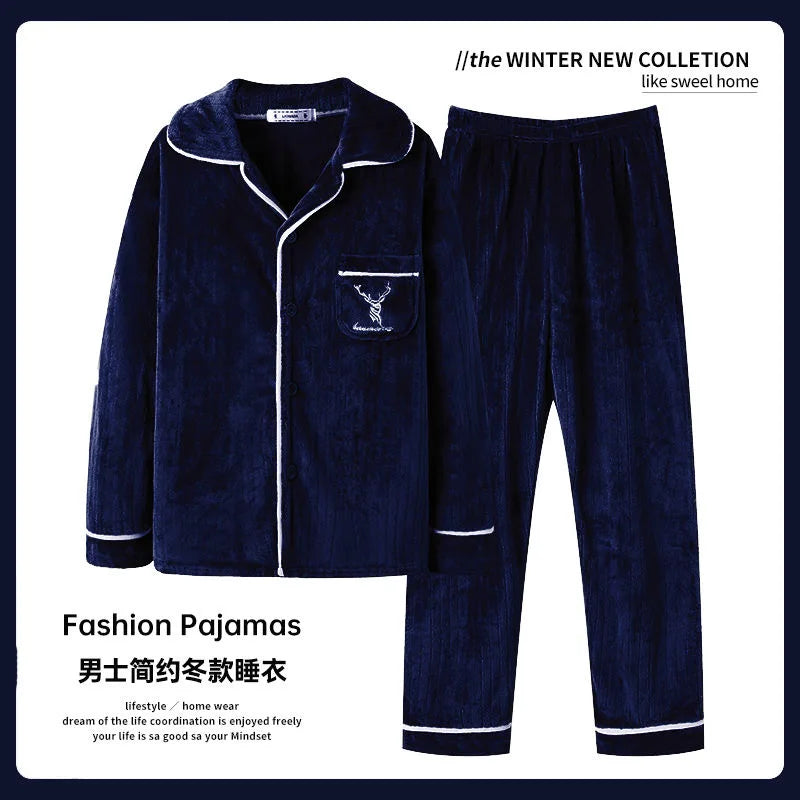 Autumn Winter Long Sleeve Thicked Warm Flannel Pajama Sets for Men Cozy Coral Velvet Sleepwear 2 Pieces Man Lounge Homewear Suit