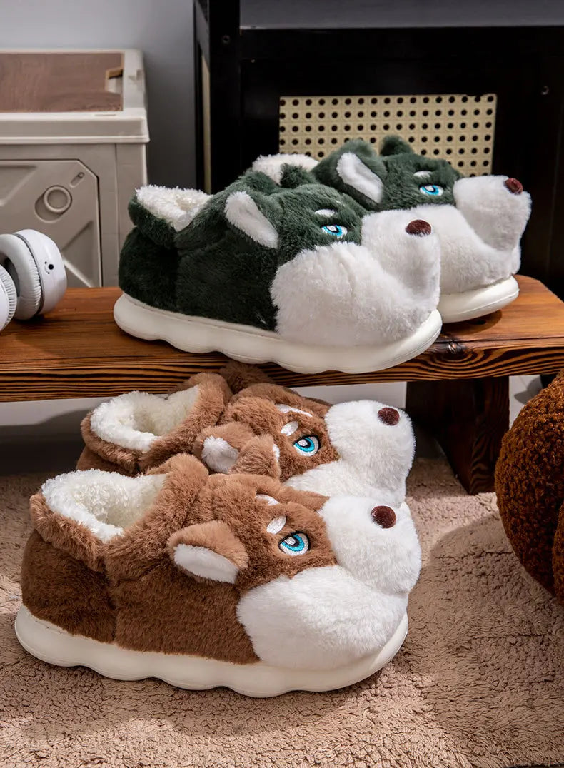 Women Indoor Cotton Slippers Cute Cartoon Dog Winter Warm Shoes Couples Home Floor Slides Anti-slip  Female Male House Footwear