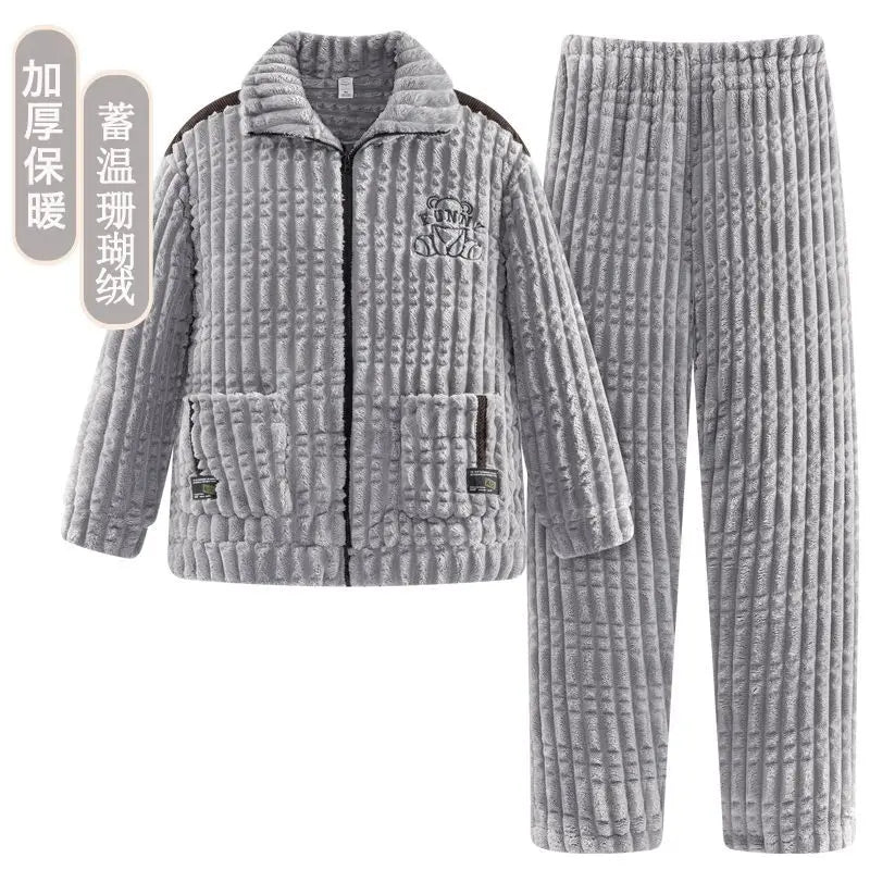 2025 Autumn Winter Coral Fleece Thickened Flannel Sleepwear Home Clothes Set for Men Breathable Long Sleeve Long Pants Pajamas