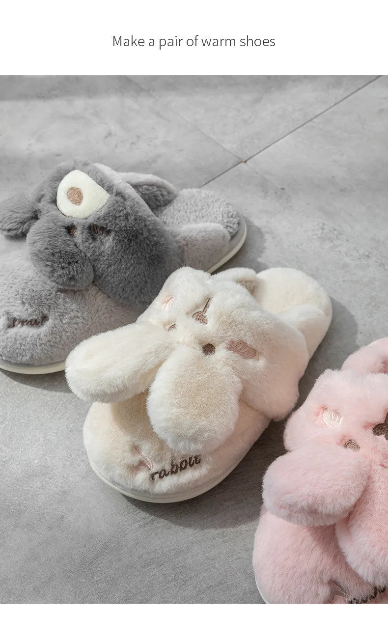Women Winter Home Slippers Non-Slip Soft Warm House Shoes Men Ladies Indoor Bedroom Couples Cartoon Rabbit Bear Floor Slides