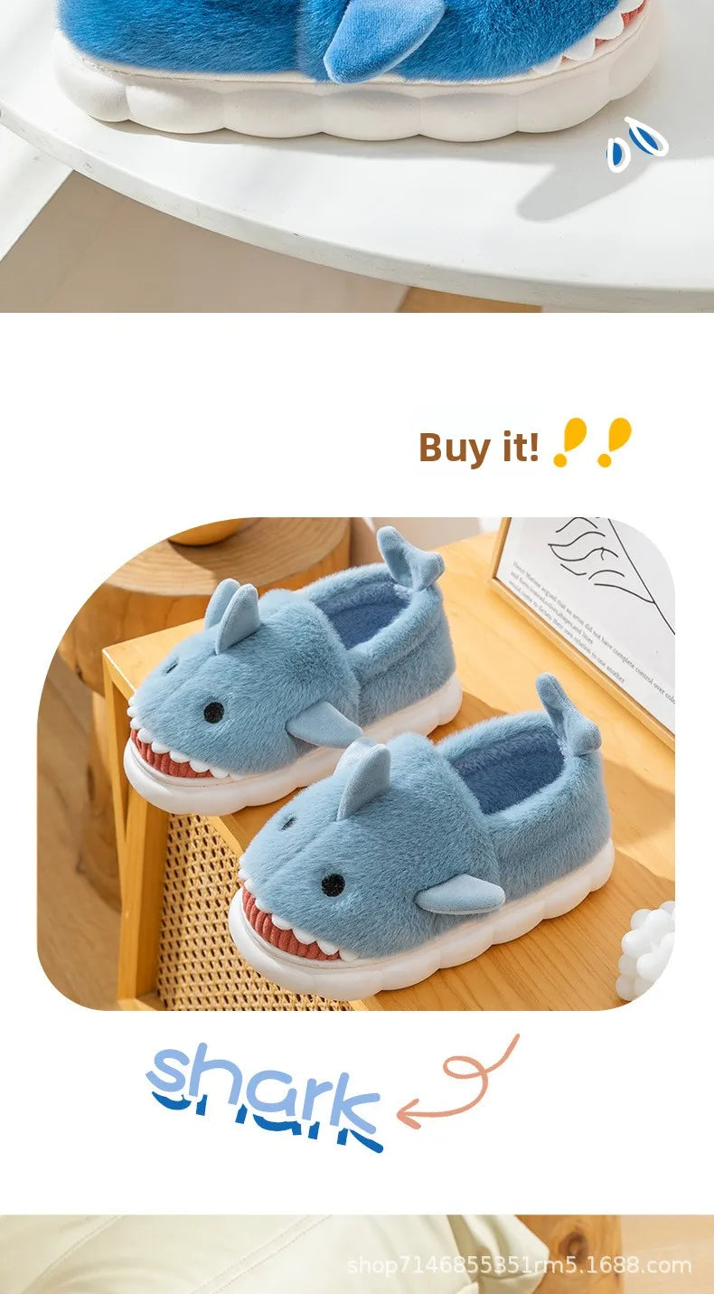 Warm Anti-Slip Plush Slippers Shark Style Women's Winter Home Wear Outdoor Fashionable Cotton Shoes Men's Comfortable Slip-On