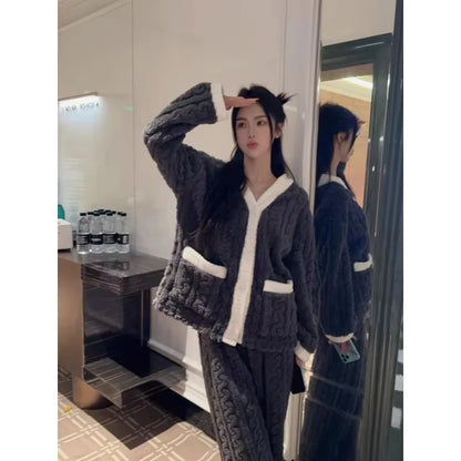 2pcs/Set Autumn and Winter Pajamas Women Thickened Padded Warm Students Coral Girls Clot Velvet Suit Homewear Cardigan Trousers