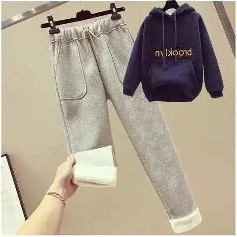 Thickened Lamb Velvet Set Women's Autumn Winter New Embroidery Sweatshirt Women's + Wool Wide Leg Pants Women Two Piece Set