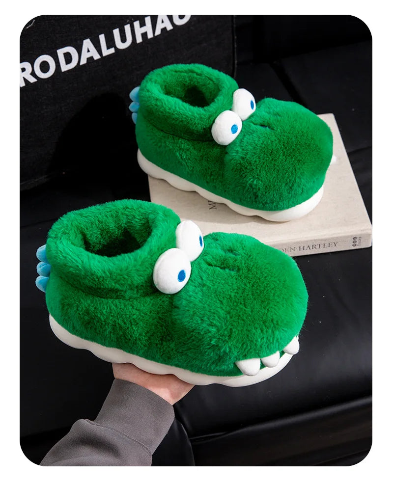 Winter Warm Shoes Woman Men Indoor Fluffy Slippers Cute Cartoon Crocodile Thick Sole Soft Plush Couples Home Floor Snow Boots