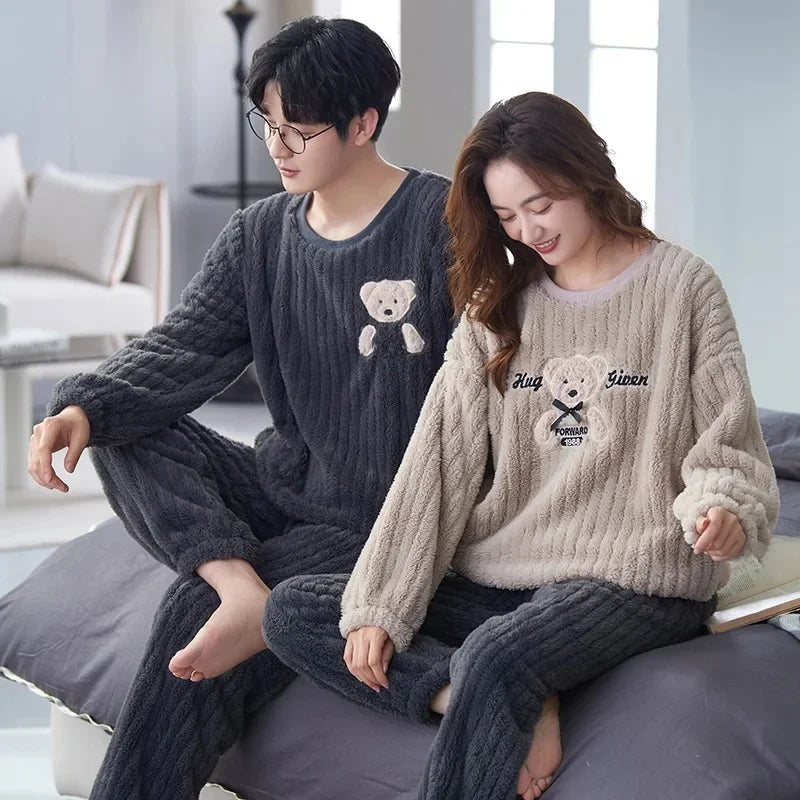 Thickened Coral Fleece Long Sleeve Sleepwear for Couples Spring Autumn Winter Flannel Warm Home Clothes Men Women Winter Home Py
