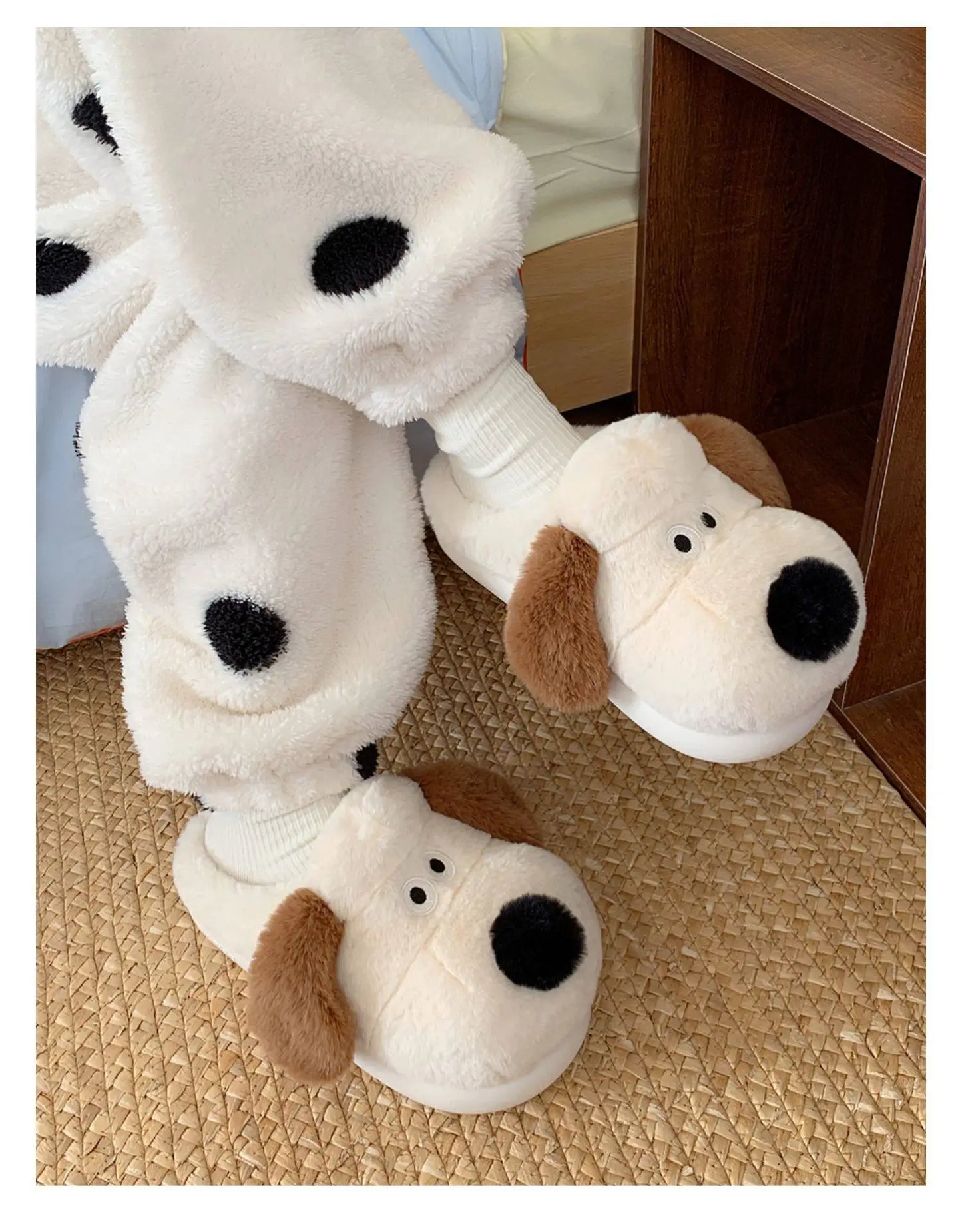 Women Home Soft Sole Cotton Slippers Cartoon Cute Dog Fluffy Slippers Female Winter Slides Ladies Plush Indoor Flats Flip Flops