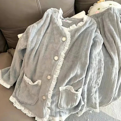 2024 New Women's Sleepwear Autumn/Winter Thickened Fleece-Lined Sweet Cute Coral Velvet Home Suit Cross-Border