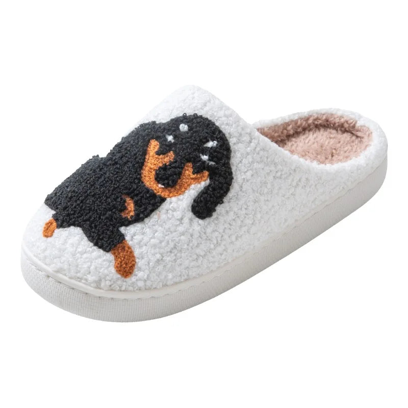 Pet Pattern Dachshund Embroidery Stuffed Home Thick Sole Plaid Furry Cotton Slippers Warm Non-slip Indoor Slippers Pet Mom Gift
