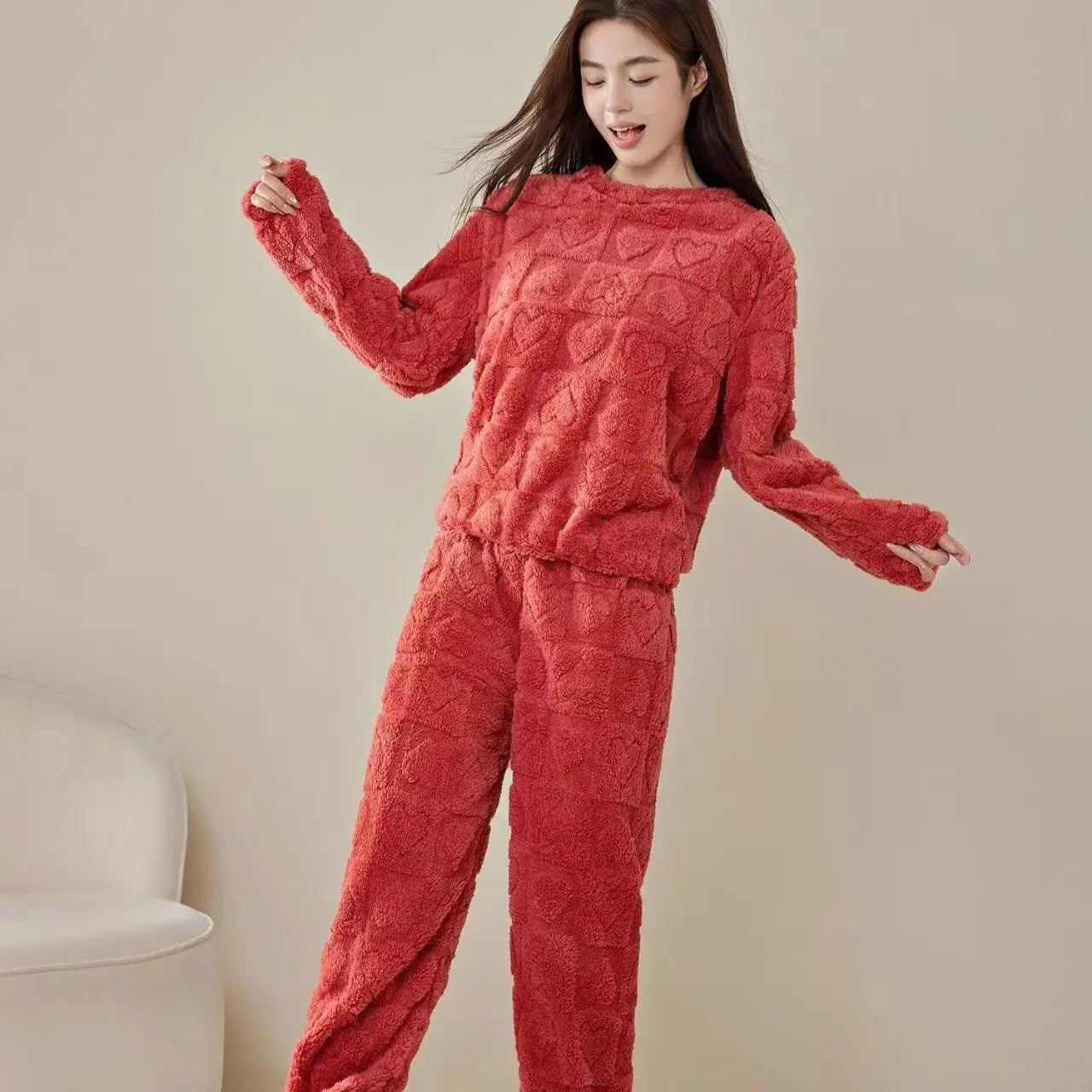 Women's Coral Fleece Sleepwear Loose Thick Home Clothes Autumn Winter New Style Warm Heart Set Outdoor Wear Fairy Style
