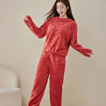 Women's Coral Fleece Sleepwear Loose Thick Home Clothes Autumn Winter New Style Warm Heart Set Outdoor Wear Fairy Style