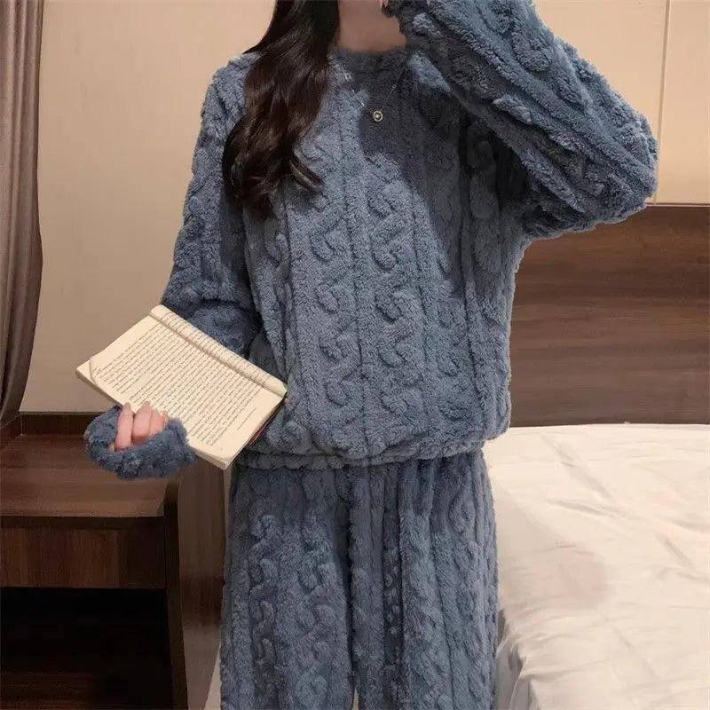 Autumn Winter Sweet Coral Fleece Pajamas Women Fleece-lined Thickened 2025 New Zip-up Flannel Warm Home Wear Set