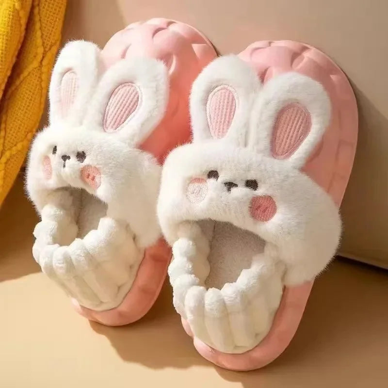 Women's Home Slippers Rabbit Fur Cotton Warm Anti-Slip Winter Outdoor Wearable Sweet Style Soft Cotton Lined House Shoes