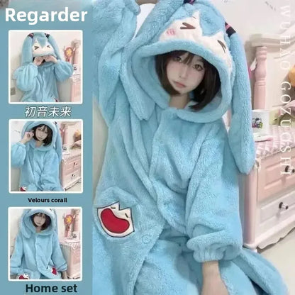 Cute Plush Bear Robe Women's Autumn Winter Coral Fleece Thickened One-Piece Sleepwear Home Clothes Robe Comfortable Homewear