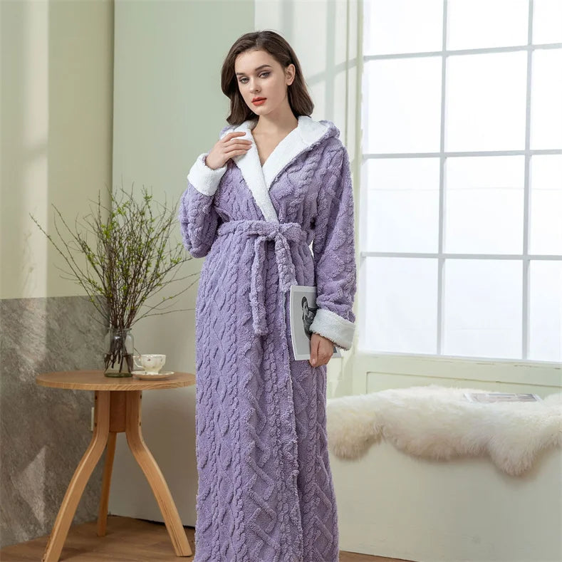 Thick Women Warm Bathrobe Solid Hooded Warm Ladies Dressing Gown Long Sleeve Flannel Bath Robe For Female
