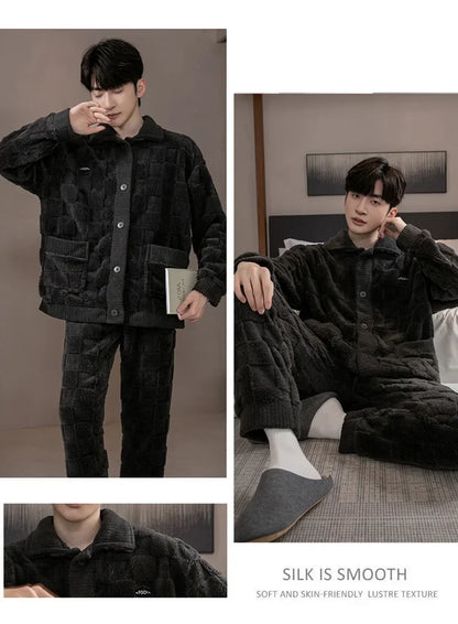 2Pcs/set men's pajamas autumn and winter padded and thickened warm long-sleeved trousers coral fleece homewear men's clothing