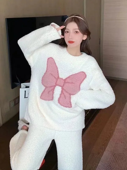 2024 New Women's Sleepwear Autumn/Winter Thickened Fleece-Lined Sweet Cute Coral Velvet Home Suit Cross-Border