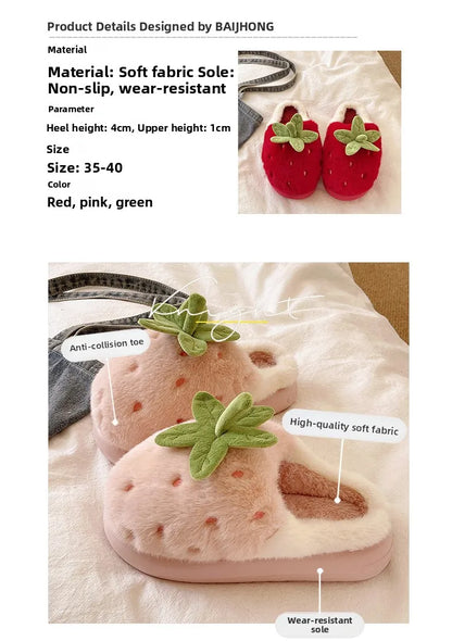 Cute Strawberry Fluffy Slippers Women's Indoor Home Warm Thick Bottom Anti-slip Outdoor Wearable Slip-On Indoor Slippers