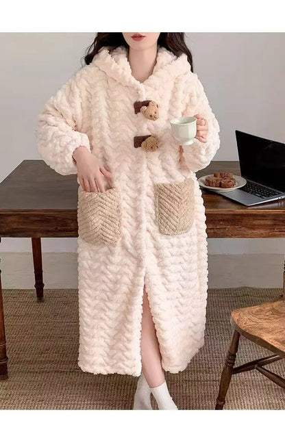 Korean Style Long Hooded Coral Fleece Sleepwear Women's Thickened Autumn Winter New Arrival Comfortable Home Leisure Robe