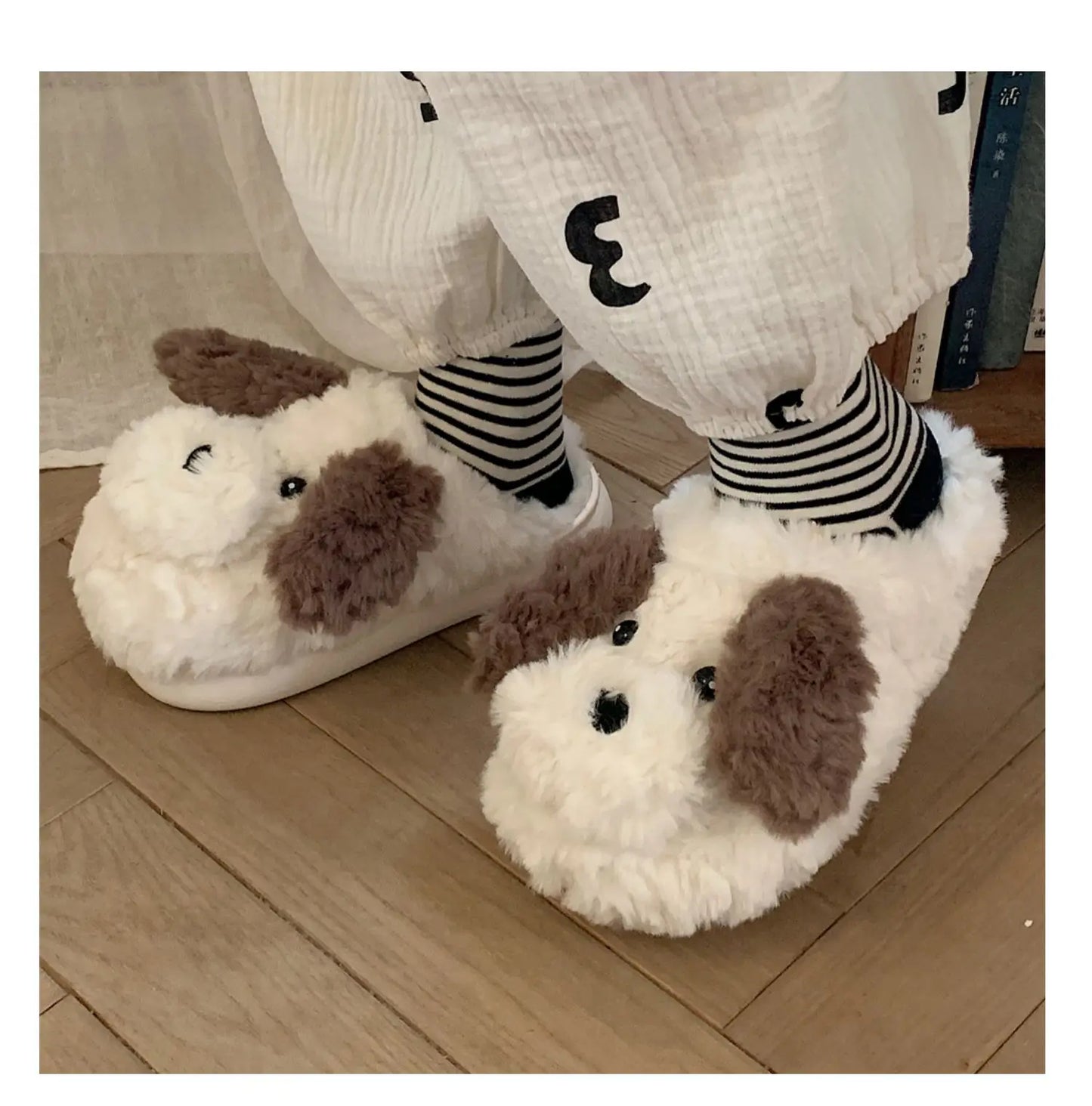 Short Fur Slippers for Women Winter Warm Furry Cozy Cotton Shoes for Home Indoor Cute Dog Couples Antiskid Slippers