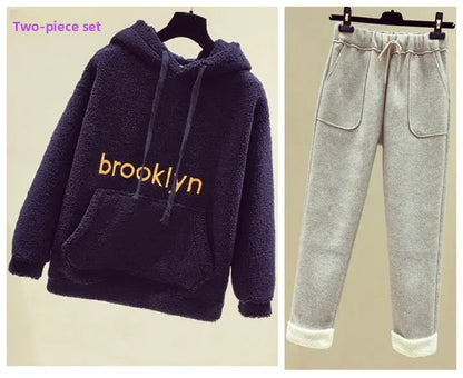 Thickened Lamb Velvet Set Women's Autumn Winter New Embroidery Sweatshirt Women's + Wool Wide Leg Pants Women Two Piece Set