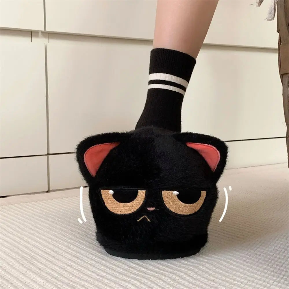 Winter black unhappy kitty slippers women men indoor home slides shoes ladies fun fuzzy kitten slipper cat lovers indoor shoes